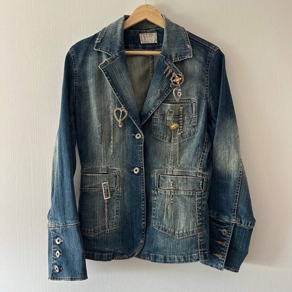 Alberto Makali Embellished Denim Blazer Jacket Size 8 Flawed Distressed Boho Y2K